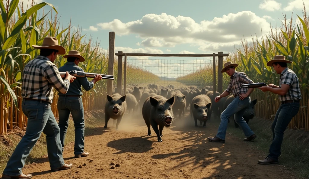 Millions of wild boars trapped inside a pen in the middle of a cornfield with farmers armed with shotguns wearing typical country clothes and hats on their heads trying to escape over the top pigs in Panic