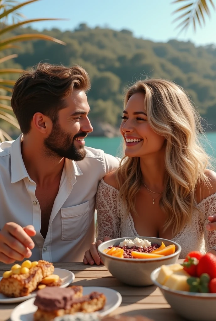 Realistic Man and Girlfriend 25-35 years old, in Portugal blonde hair brown eyes eating acai in a bowl , with friends Ultra HD, high qualiy, best qualityer, high resolution, 8k, 16K