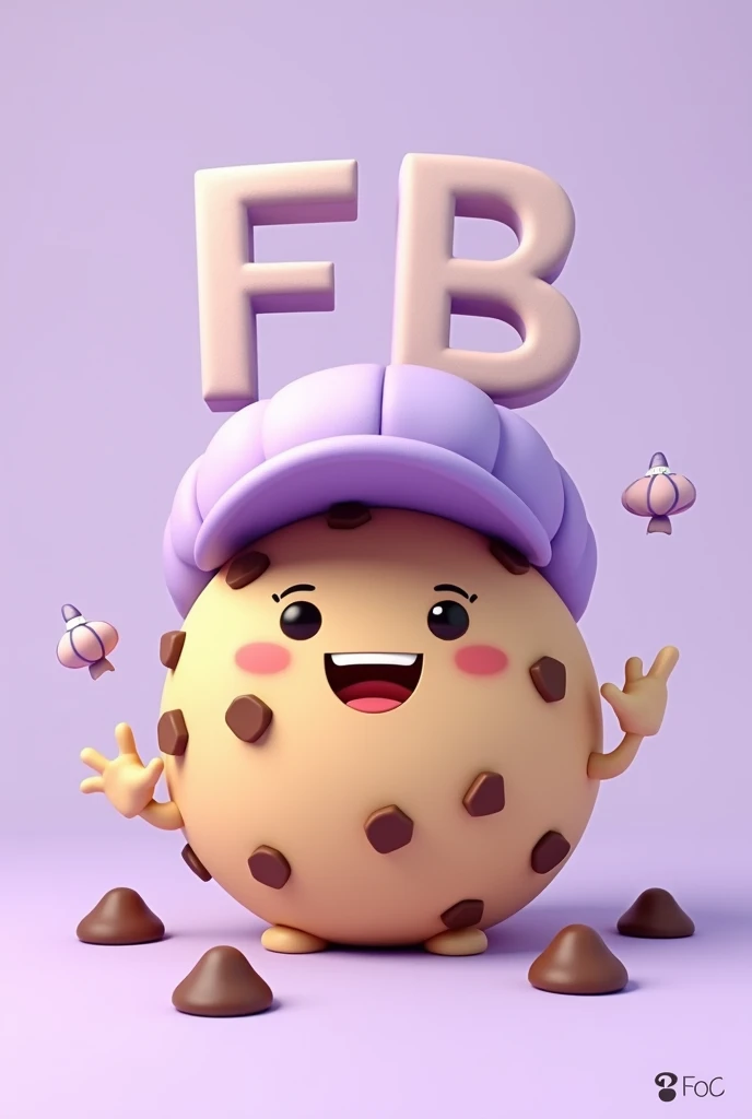 Non-realistic drawing type cookie that is happy, that has chocolate chips, that had a light purple cap and that said FB in capital letters and that the background was light purple