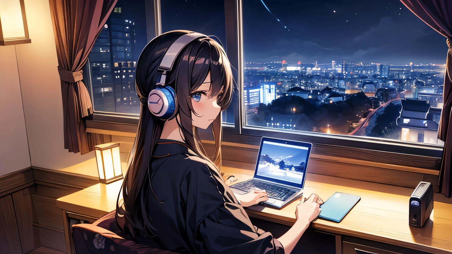 night、In my room listening to music with headphones on、studying .The scenery is very beautiful . 背景にした美しいnight景、Beautiful girl typing on a laptop at a desk。Japanese anime style