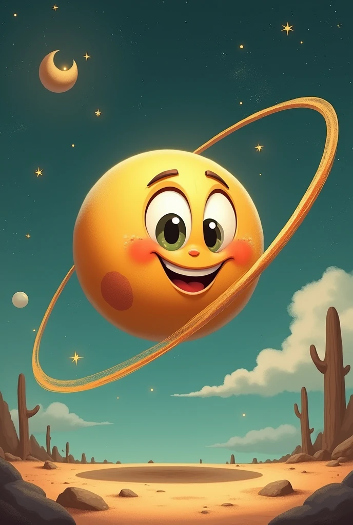 A cartoon-style planet with a smiley face reminiscent of 1930s illustrations. The planet has a friendly and vintage expression, with big bright eyes, and a smiling mouth. Around the planet, A giant pencil draws a line that circumscribes it, as if he were drawing a circle around himself. The scene has a retro style with soft colors and subtle shadows., evoking the aesthetics of classic 1930s animations.