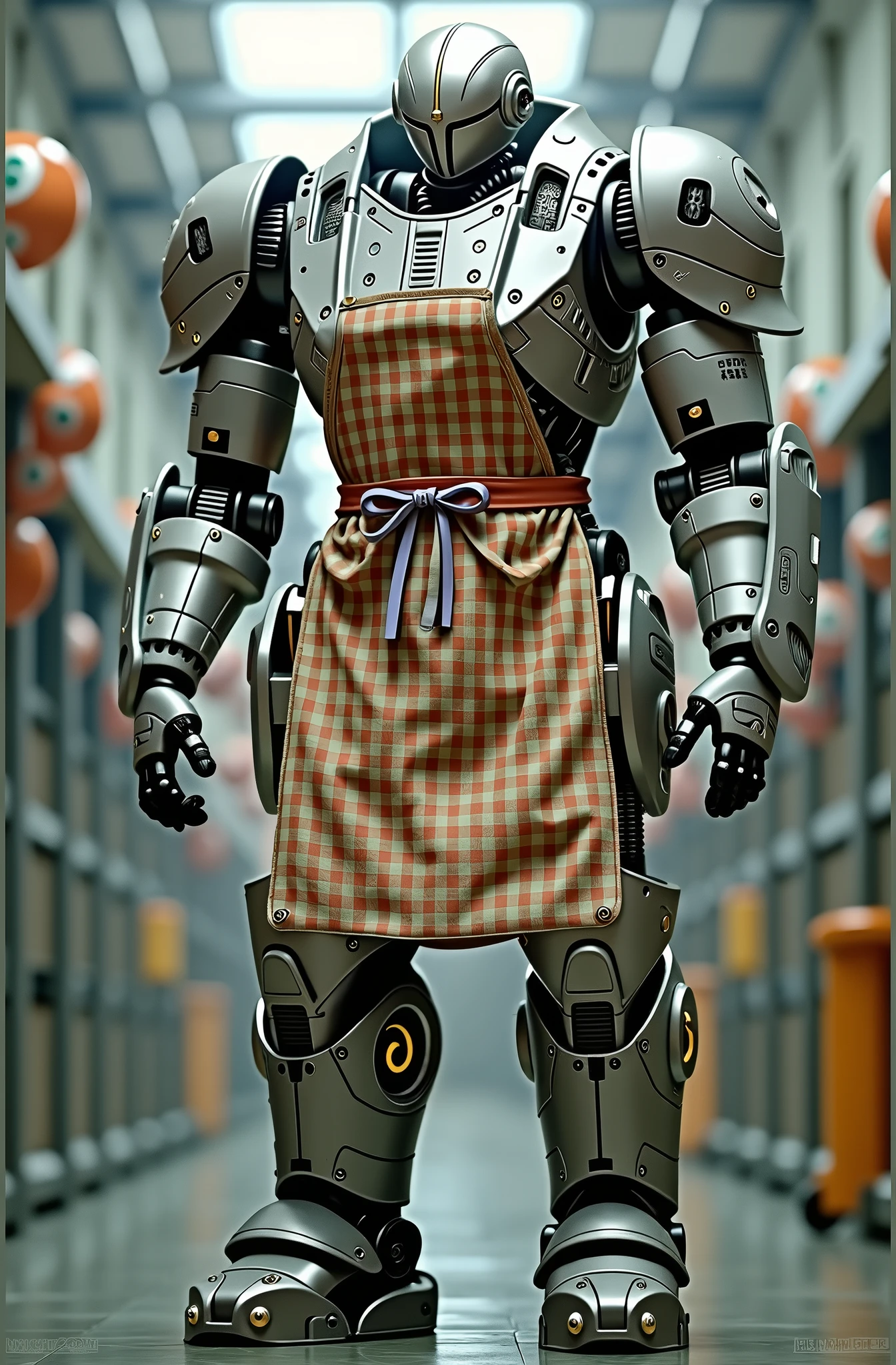 A hudge and badass medicine girl robot with a gingham apron