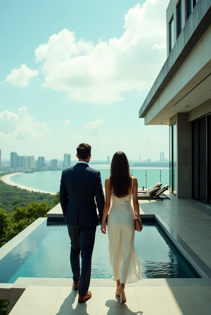 Ultra-realistic shot of adult business couple doing phone cals dressed in elegant summer clothes embark on a modern property visiting tour, with view from terrace to Pattaya City coastline, elegant sequence, intense and epic, dynamic movement, catalogue style, Captured through a wide lens camera, expect visuals in cinematic aspect ratio