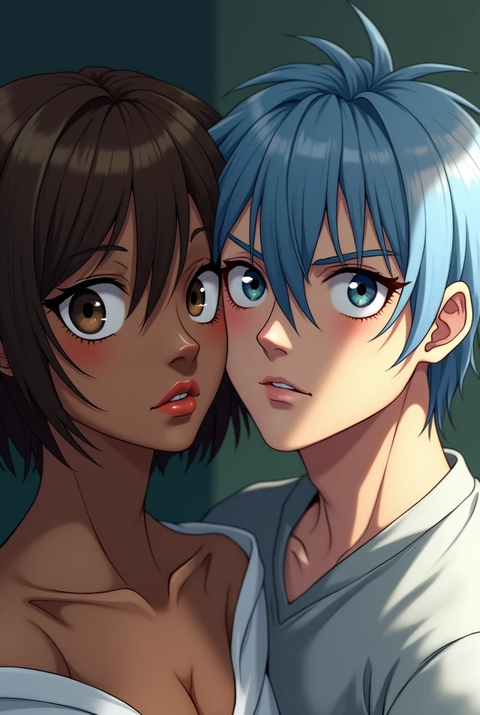 A dark-skinned woman, half closed eyes what a bigger expression, brown short hair. A light-skinned man, half closed eyes what a crazy expression, medium long light blue hair. Looking at yourself anime style.