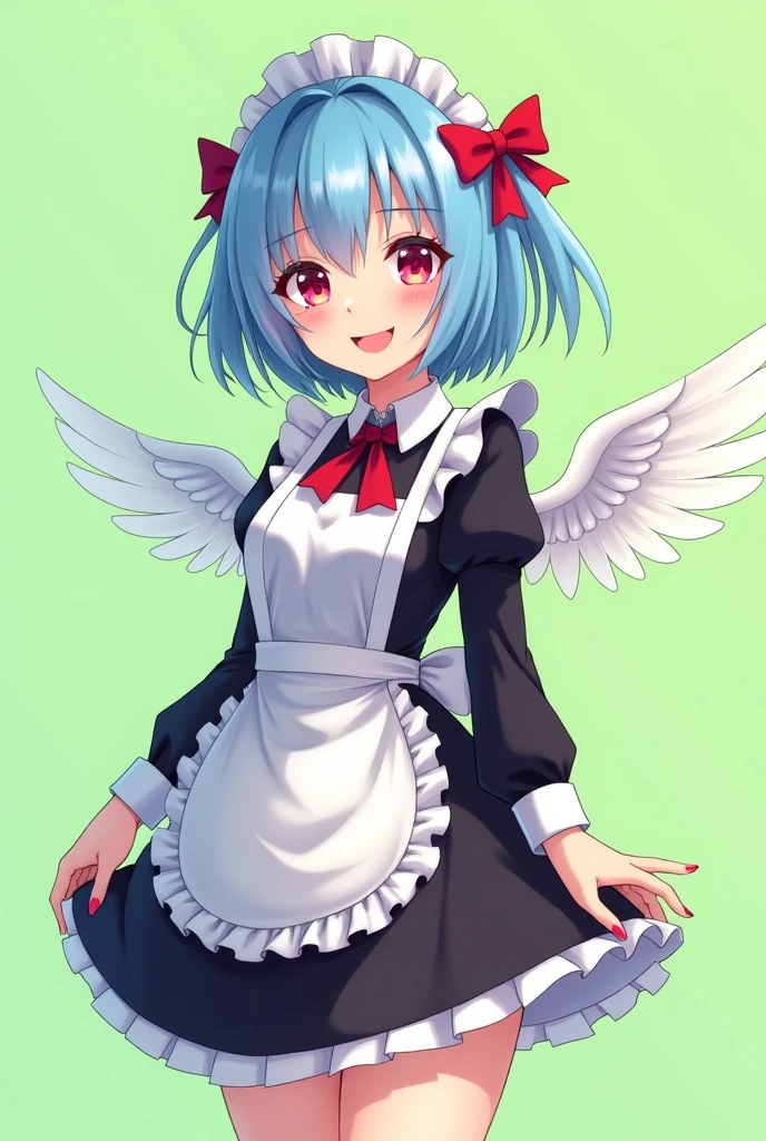 Maid cafe maid with short blue hair, Red eyes, a sensual and happy expression, age range between 18 and 26 years, with angel wings, black uniform, Full body anime style completely in 2D, with pastel colors, with a completely flat and green background