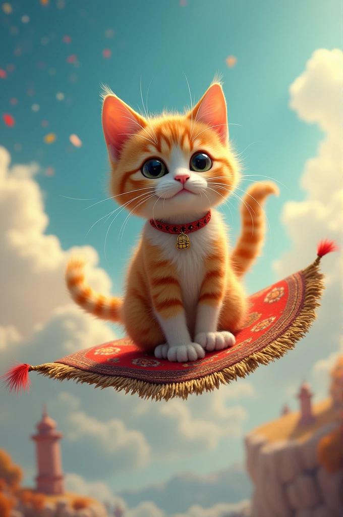 Cat with whistle on flying carpet