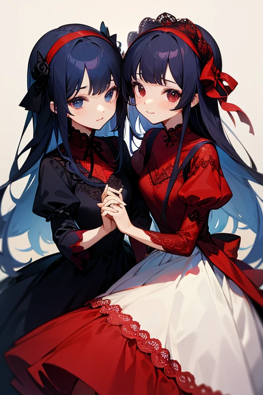 Red and navy lace dress、cute、Villainess、head band、wonderful、Sisters、2 people、2 peopleとも黒髪、