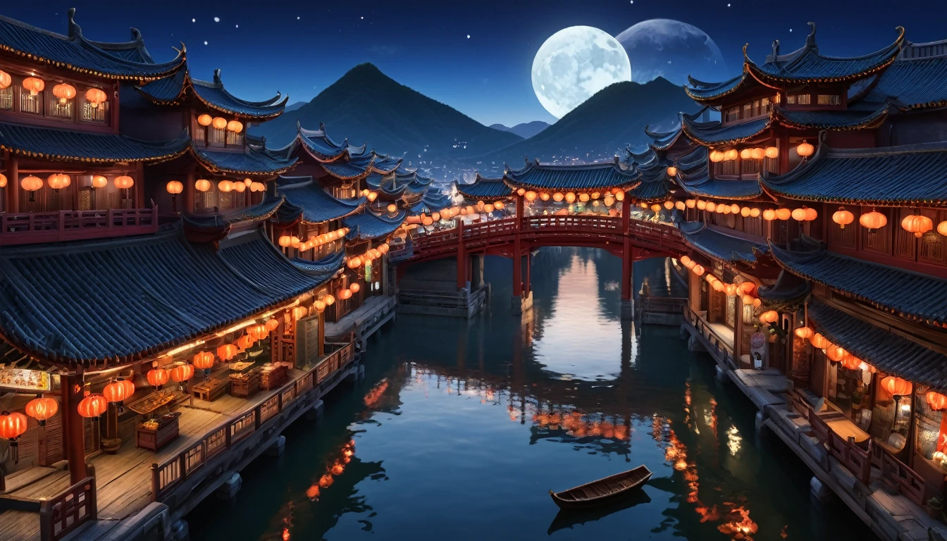 masterpiece, top-quality, depth of fields, high details, 8K, anime a night scene of china town, lots of shop outlets, chinese lanterns, detailed background, high angle view, beside a river, wooden boats, a large bridge on the front, moon, mountains background
