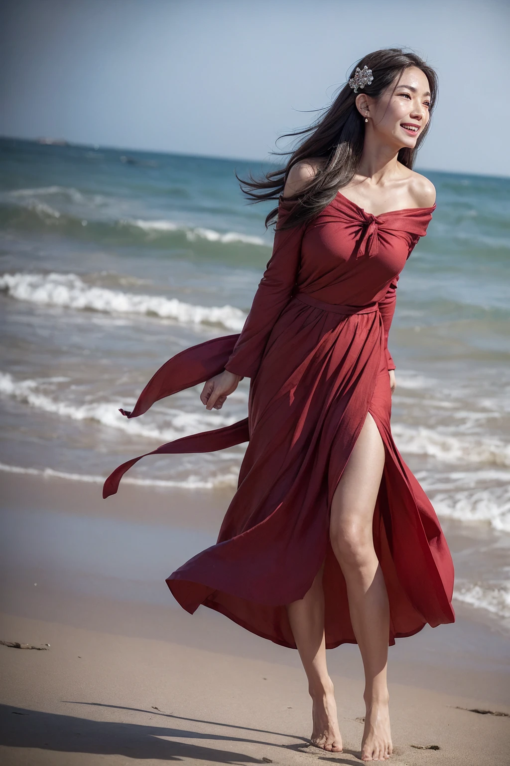 ((Highest quality)), ((8k)), ((masterpiece:1.3)), (Perfect look), (Photorealism:1.6), (JMA), (Who), (Walking woman), (people々Bustling beaches), 日本people女性, 60 years old, ((Realistic skin texture)), (Fine wrinkles appear all over the skin: 1.3), (Dullness: 1.1), (Unmoisturized skin: 1.2) , (Facial wrinkles: 0.9), (Wrinkles around the eyes: 1.2), double eyelid, Lower eyelid tear trough, (Teardrop: 0.9), The eyes are looking here, Serious gaze, (Dimples: 1.2), BREAK(Red lips),BREAK 短い前髪, Long Hair, Long hair with curled ends, (Hair over the ears), Laugh with the corners of your mouth turned up, Soft fabric off-the-shoulder bowtie blouse, Wide sleeves, Cuffs that fit your wrist, Flared long skirt, barefoot, Hair blowing in the wind, Small breasts, (whole body: 1.4), (Low - Angle: 1.4),