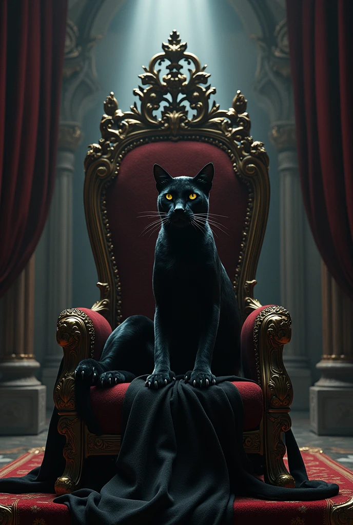 The black cat king sat on the throne.