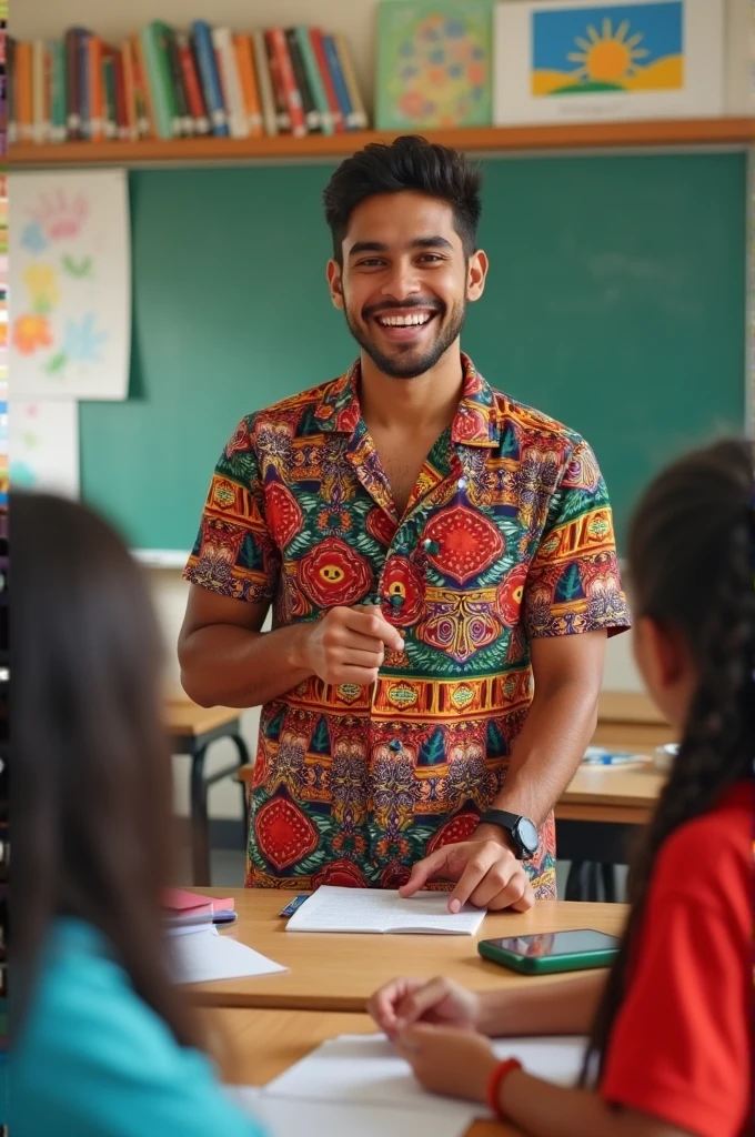 Young primary school teacher, He has a shirt from the country Ecuador, and is teaching classes.
