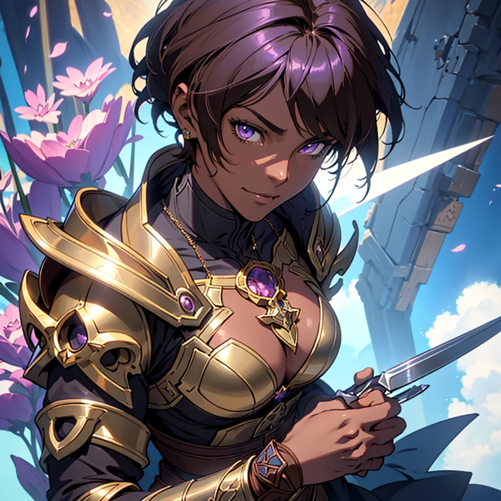 (Short cuts hair:1.5)、An anime character in armor having a photo shoot, (Brown Skin, Dark Skin:1.6), (Purple Hair:1.5)、Anime Goddess, Portrait of a female knight of the zodiac, Highly detailed art gems, Fascinating anime, Art Station pixiv's artgerm, Beautiful and attractive anime woman, 8K high quality, detailed art, Detailed digital anime art, 2. 5d cgi anime fantasy artwork, Beautiful Goddess、(1 woman, solo, The whole body is shown:1.6)、(I am 26 years old.)、Large Breasts