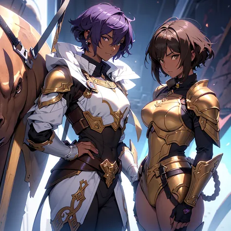 （short cuts hair:1.5)、an anime character in sexy armor having a photo shoot, (brown skin, dark skin:1.6), （purple hair：1.5）、anim...