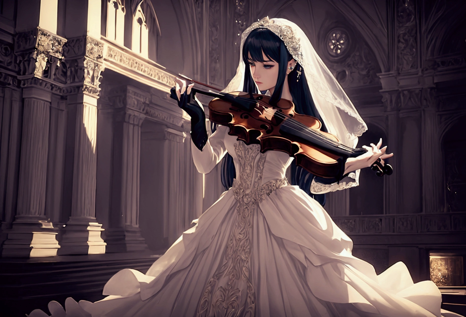 beautiful woman with violin in a beautiful place, long flowing hair, piercing eyes, dramatic lighting, ornate dress, bridal gown, gorgeous background, digitl art, cinematographic, hyperdetailed, 8k, photorrealistic
