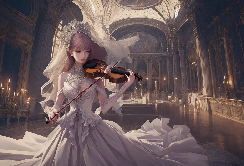 beautiful woman with violin in a beautiful place, long flowing hair, piercing eyes, dramatic lighting, ornate dress, bridal gown, gorgeous background, digitl art, cinematographic, hyperdetailed, 8k, photorrealistic