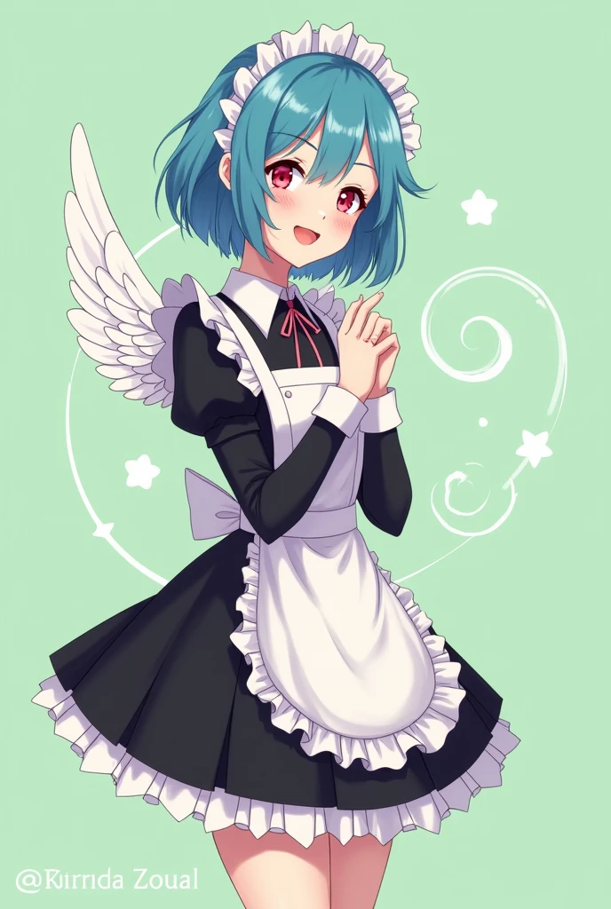 Maid cafe maid with short blue hair, Red eyes, a sensual and happy expression, age range between 18 and 26 years, with angel wings, black uniform, Full body anime style completely in 2D, with pastel colors, with a completely flat and green background
