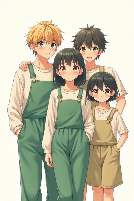 Anime-style refreshing cute young men and women in green long-sleeved casual overalls on a white background
