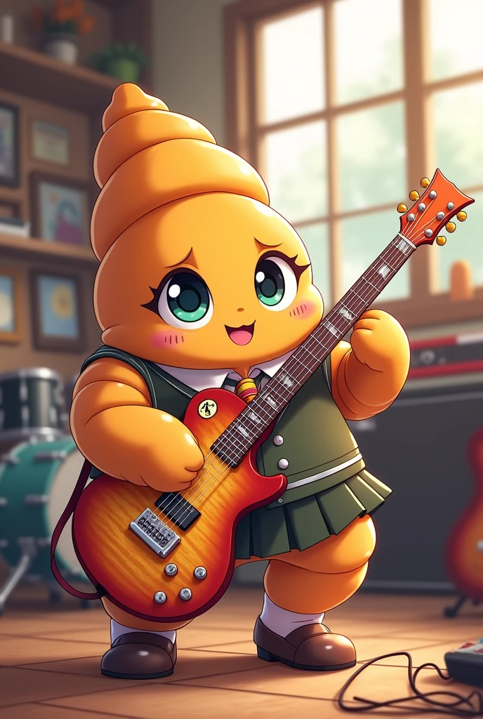 Anime style croissant is playing the electric guitar in k-on style.