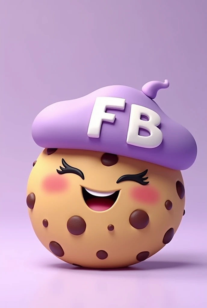 Non-realistic drawing type cookie that is happy, that has chocolate chips, that had a light purple cap and that says FB on the cap and that it is in capital letters and that the background is light purple