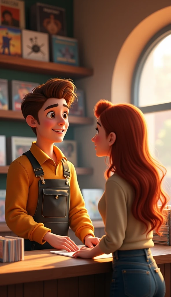 A handsome guy looking at a georgous girl working in cd shop, pixar style, cinematic, masterpiece, high-aesthetic, realistic 
