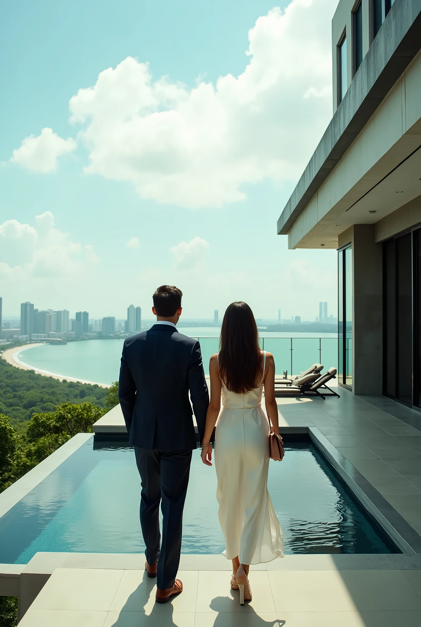 Ultra-realistic shot of adult business couple doing phone cals dressed in elegant summer clothes embark on a modern property visiting tour, with view from terrace to Pattaya City coastline, elegant sequence, intense and epic, dynamic movement, catalogue style, Captured through a wide lens camera, expect visuals in cinematic aspect ratio