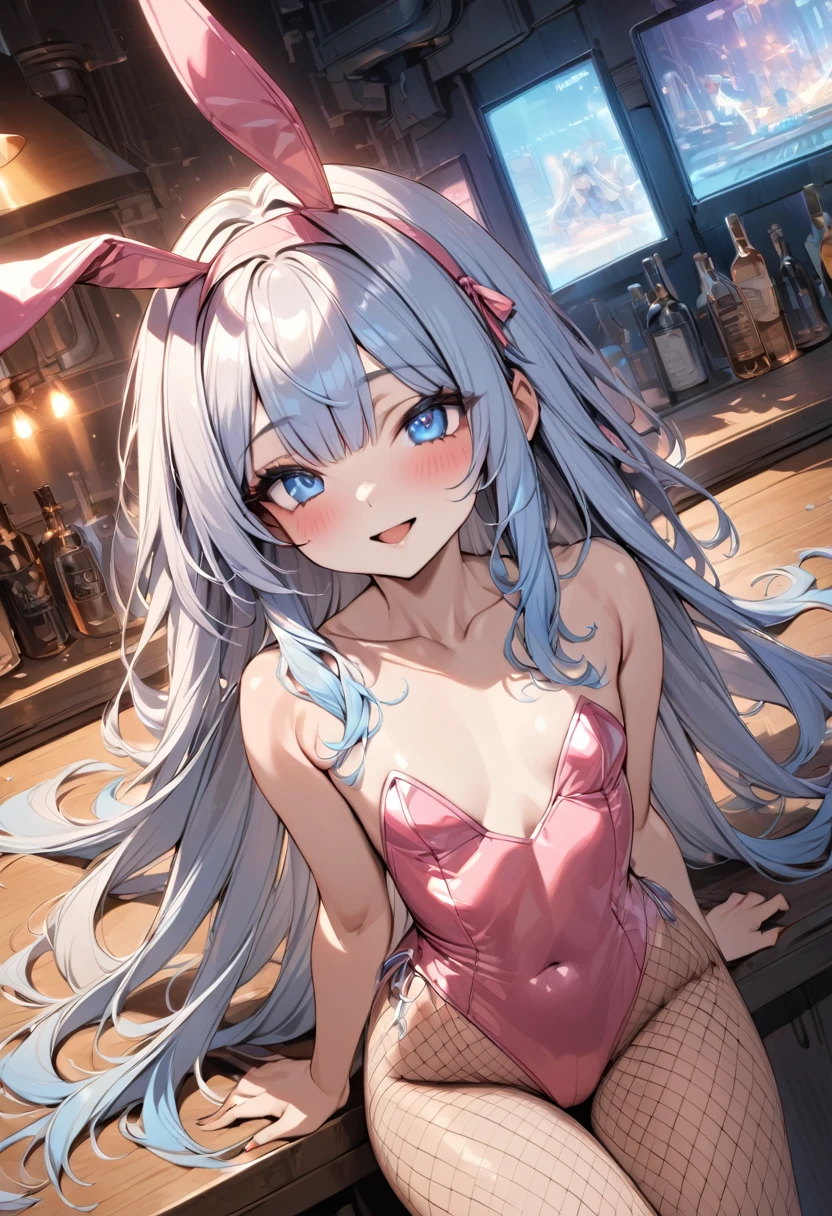 masterpiece, best quality, extremely detailed, (illustration, official art:1.1), 1 girl ,(((( light blue long hair)))), ,(((( light blue long hair)))),light blue hair, , long hair ((blush)) , cute face, masterpiece, best quality,(((((a very delicate and beautiful girl))))),Amazing,beautiful detailed eyes,blunt bangs((((little delicate girl)))),(((tareme))),droopy eyes.(true beautiful:1.2), sense of depth,dynamic angle,,,, affectionate smile, (true beautiful:1.2),,(tiny 1girl model:1.2),)(flat chest), 1 cute girl,  hairband, blue eyes, smile, open mouth, cowboy shot,
BREAK
(Pink Playboy Bunny, Pink Shiny Latex Leotard, Fishnet Tights, Bunny Ears Hairband), Cyberpunk bar counter,
BREAK
masterpiece, best quality, very aesthetic, absurdres, absolutely resolution, ultra detailed, 8K, detailed beautiful face and eyes, perfect anatomy, professional lighting,