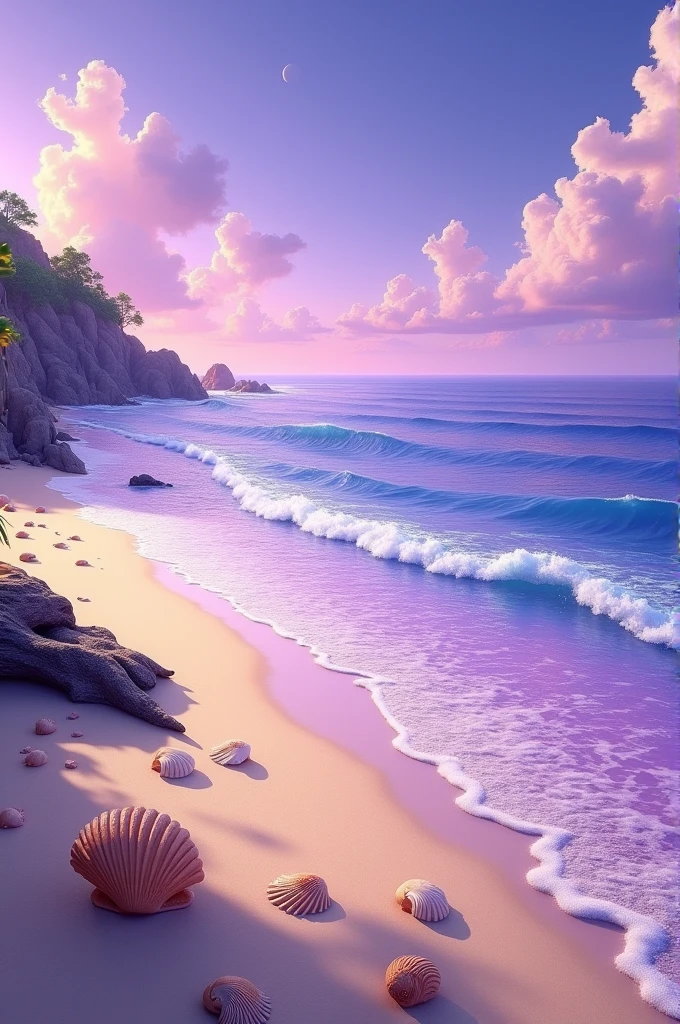 Genera a purple sea a beach with a beautiful view