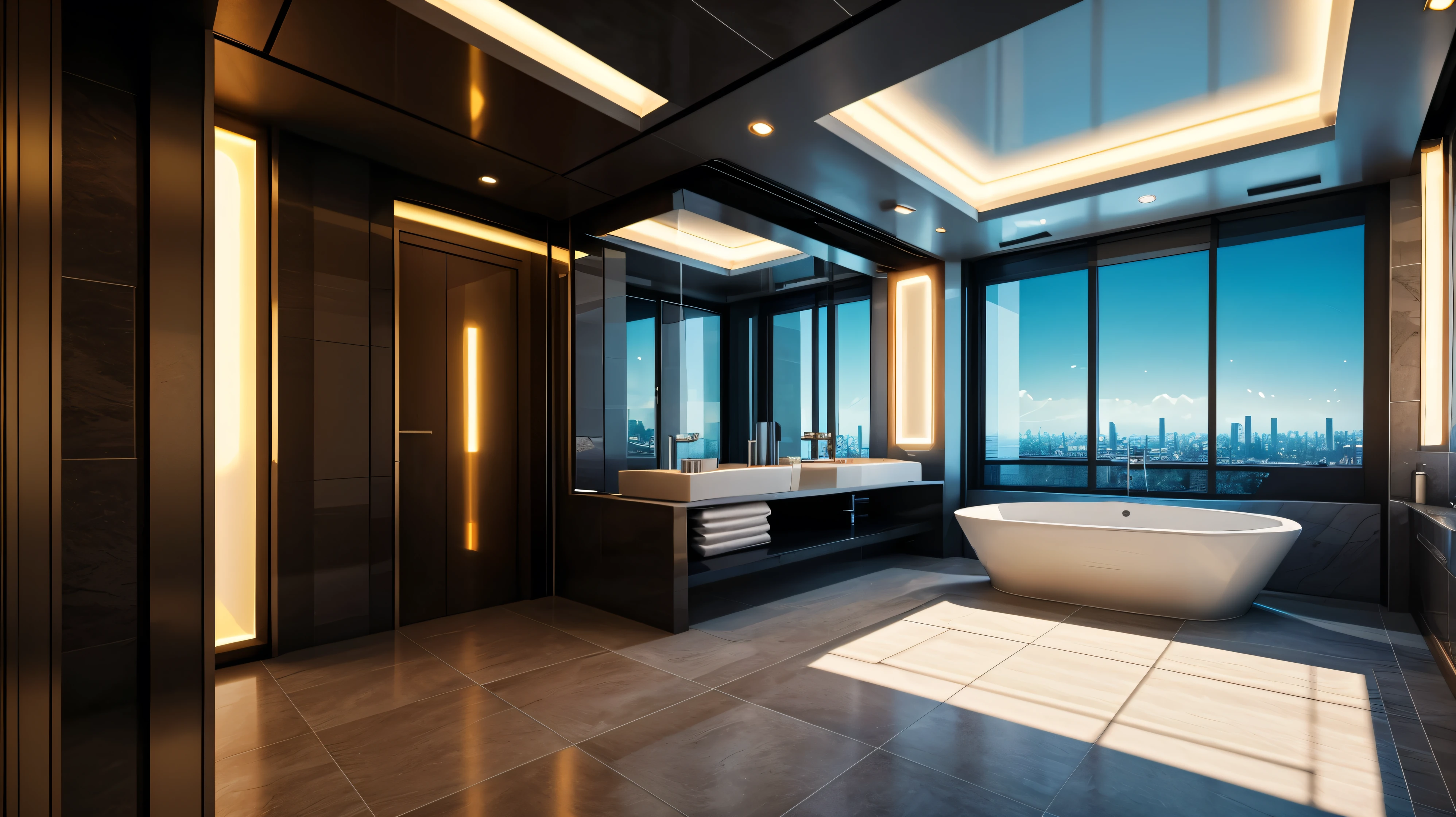 luxury bathroom, architectual, scifi, cyberpunk, futuristic, hightech, daylight, wide angle, realistic view, ambient light, chilled ambient, year 2124, cinematic
