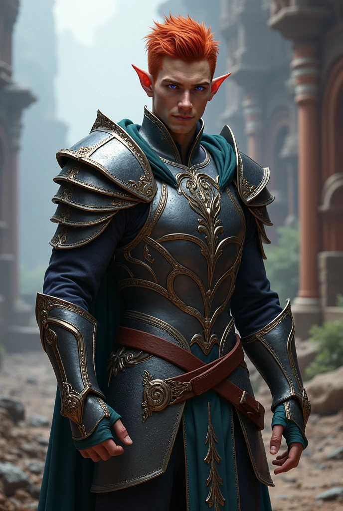 Male elf with purple eyes and short red hair in armor
