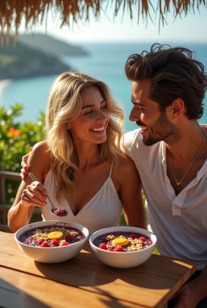 Realistic Man and Girlfriend 25-35 years old, in Portugal blonde hair brown eyes eating acai in a bowl , with friends Ultra HD, high qualiy, best qualityer, high resolution, 8k, 16K