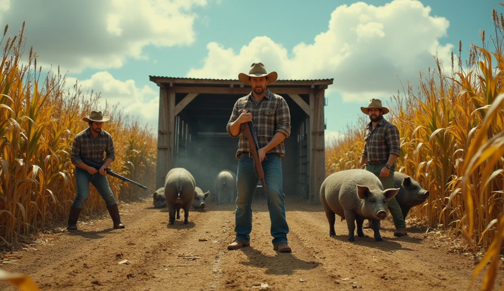 Create a thumbnail for YouTube (1280x720 pixels) highlighting a dramatic rural scene. At the center, a large pigsty built of sturdy wooden logs and surrounded by strong wire mesh. Inside the pigsty, several wild pigs are agitated, with some showing their teeth and others trying to escape. The scene is set in a vast corn plantation, with damaged ears visibly scattered across the ground, suggesting the damage caused by pigs.In the foreground, a determined-looking, sweaty-faced farmer is tightly gripping a shotgun. He wears a worn plaid shirt, worn jeans and leather boots. in the head, a timeworn straw hat, leaning forward slightly as he watches the pigs closely. Beside him, two other farmers, both also in rural attire, hold weapons, ready for any movement of animals.The sky in the background is partly cloudy, adding an air of tension to the scene. The surrounding vegetation is dense, with trees and shrubs forming a natural perimeter around the pigsty. The general atmosphere should convey a sense of urgency and effort in capturing these wild pigs., that are causing damage to crops. The details in the environment, like the yellow and dry earth, the pigs' tracks and the farming tools in the background, must reinforce the rural context and the challenge faced by farmers."