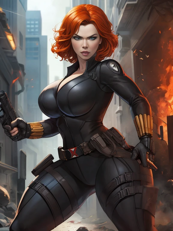 Christina Hendricks as the character Natasha Romanoff/Black Widow from the Marvel Cinematic Universe, 48 years old, short wavy hairstyle, orange hair color, big breasts. In tight black leather suit, metallic armlets, gun holsters and metallic utility belt. Dynamic pose, action pose, in a fighting position. Mysterious spy, member of the Avengers, 4k rendering, Marvel comics digital art, Marvel Cinematic Universe concept art, 4K Wallpaper, MCU character, epic Avengers character art, HQ 4K Wallpaper