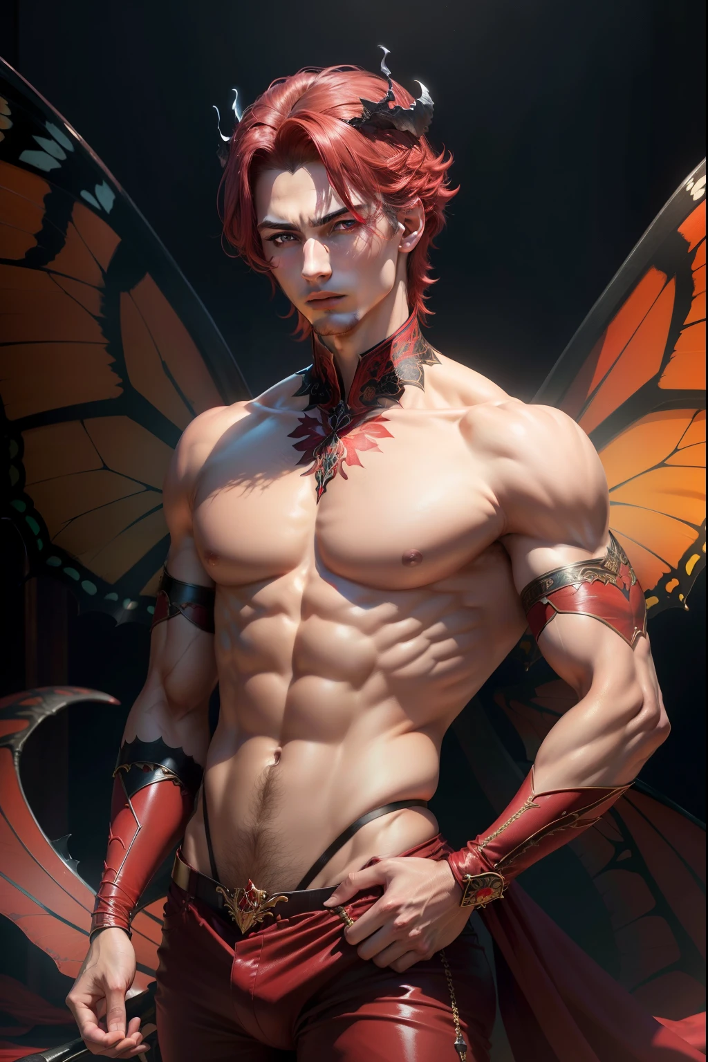 (8k,photorrealistic RAW photograph Maximum quality;1.4) (ung boy) Super handsome king of the underworld (lifelike face) (far away, hair highlights to the side red colors) slenderbody velues, eyeballs, muscular guy grandes eyeballs cor-de-rosa Red Color Butterfly Outfit Butterfly decoration red in color Fangs peeking out of the mouth Pointed claws a seductive gaze Beautiful expression A hyper-realistic (King of the Underworld) appealing (real looking skin) super high resolution high détail Luxurious red colored pants Red butterfly aura emanating from the body effect red butterfly wings