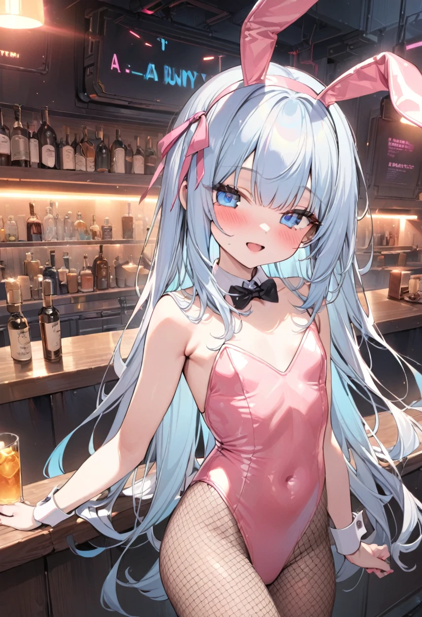 masterpiece, best quality, extremely detailed, (illustration, official art:1.1), 1 girl ,(((( light blue long hair)))), ,(((( light blue long hair)))),light blue hair, , long hair ((blush)) , cute face, masterpiece, best quality,(((((a very delicate and beautiful girl))))),Amazing,beautiful detailed eyes,blunt bangs((((little delicate girl)))),(((tareme))),droopy eyes.(true beautiful:1.2), sense of depth,dynamic angle,,,, affectionate smile, (true beautiful:1.2),,(tiny 1girl model:1.2),)(flat chest), 1 cute girl,  hairband, blue eyes, smile, open mouth, cowboy shot,
BREAK
(Pink Playboy Bunny, Pink Shiny Latex Leotard, Fishnet Tights, Bunny Ears Hairband), Cyberpunk bar counter,
BREAK
masterpiece, best quality, very aesthetic, absurdres, absolutely resolution, ultra detailed, 8K, detailed beautiful face and eyes, perfect anatomy, professional lighting,