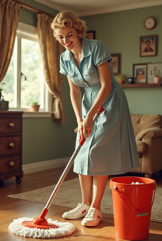 Advertisement from the 1920s to 1950s about a housewife using a mop betterwere viral mopping with her bucket