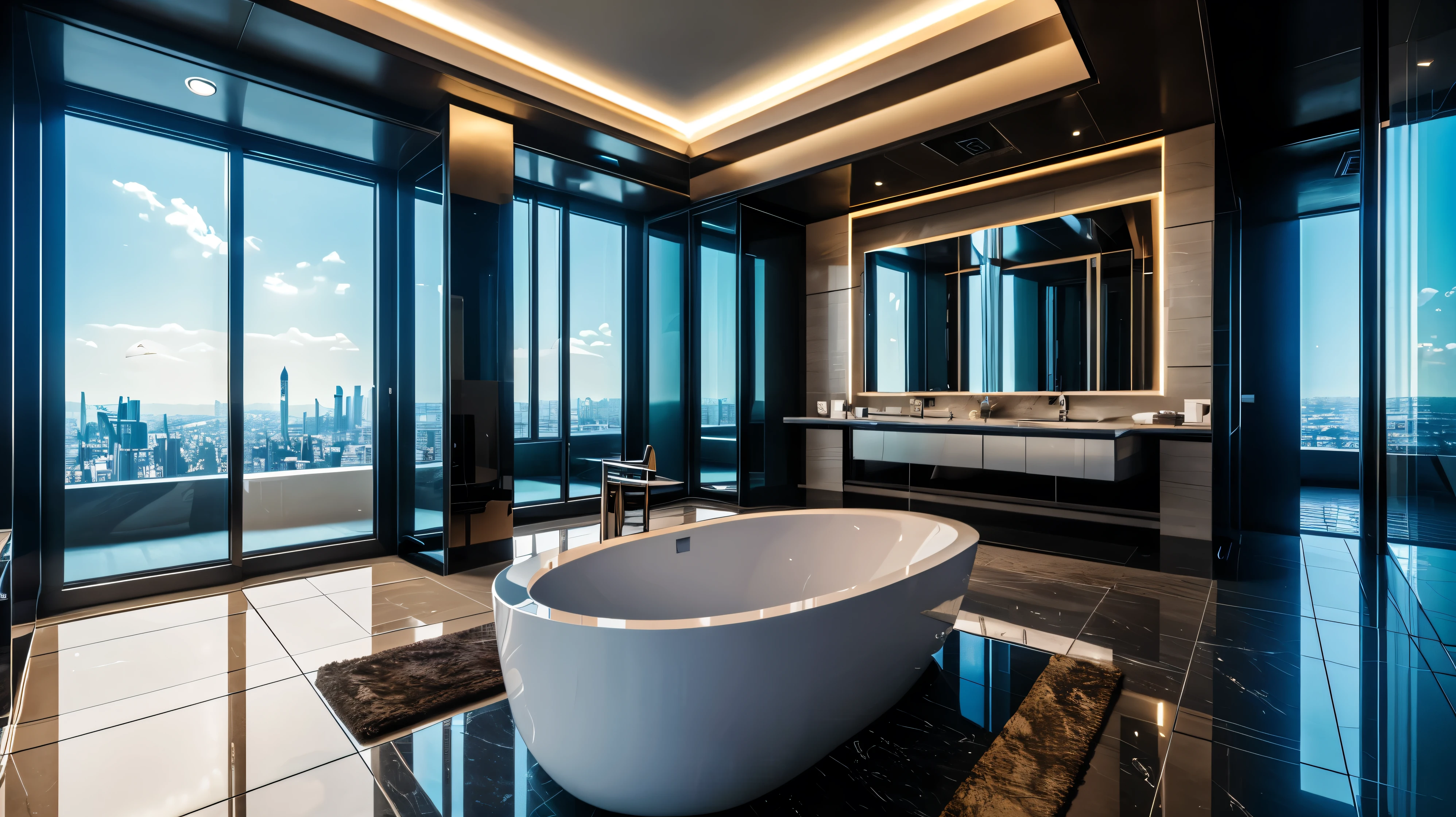 luxury bathroom, architectual, scifi, cyberpunk, futuristic, hightech, daylight, wide angle, realistic view, ambient light, chilled ambient, year 2124, cinematic