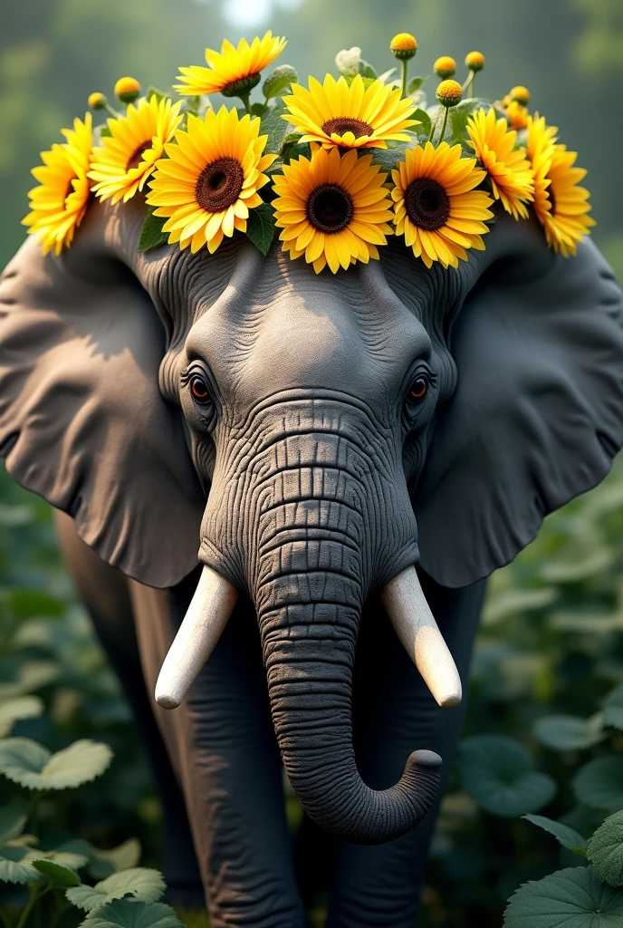 Elephant head with sunflowers