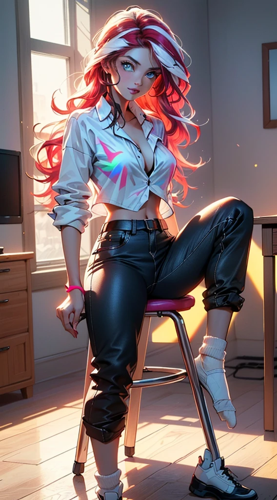 Hacker girl,(((1girl))),((sweet and beautiful girl with red hair with two shades of white hair)), (big breasts:1,4),hanging breasts,( (((red hair with two shades of white hair )))),The beauty of extra long hair, Super long straight hair, (((Neon_Rainbow_Eyes:1.3))),intricate eyes,beautifully detailed eyes,symmetrical eye)),( ((Shiny Skin: 1.5,Shining Skin: 1.5,tanned skin,shiny skin,very shiny skin,shiny body,plastic glitter skin,exaggerated shiny skin,illuminated skin,beautiful sexy legs))),(spider abdomen,narrow waist,wide hips,athletic body , inflated legs, detailed body, (detailed face)), cute, ((NSFW)), perfect body, slim curves. ,absurd,long legs, detailed legs,cleavage,(((,wearing a sleep shirt and pants and white socks))), goddess-like, embarrassed, (centered, scaled to fit dimensions, rule of thirds), artistic photography, (adapted from SLDR), high resolution, sharp focus, (extremely detailed, extremely detailed), (photorealistic graphics: 1.37), (extremely detailed CG unit). 8k wallpaper), ((Sitting at a table with multiple monitors and typing on a keyboard looking caught, Sitting on a gamer chair in front of a table in a room with a large window background theme)),(((Vibrant colors))) ,(complicated background),(masterpiece),(best quality), full body view, (full body picture) , sweet smile, is fully clothed, back view