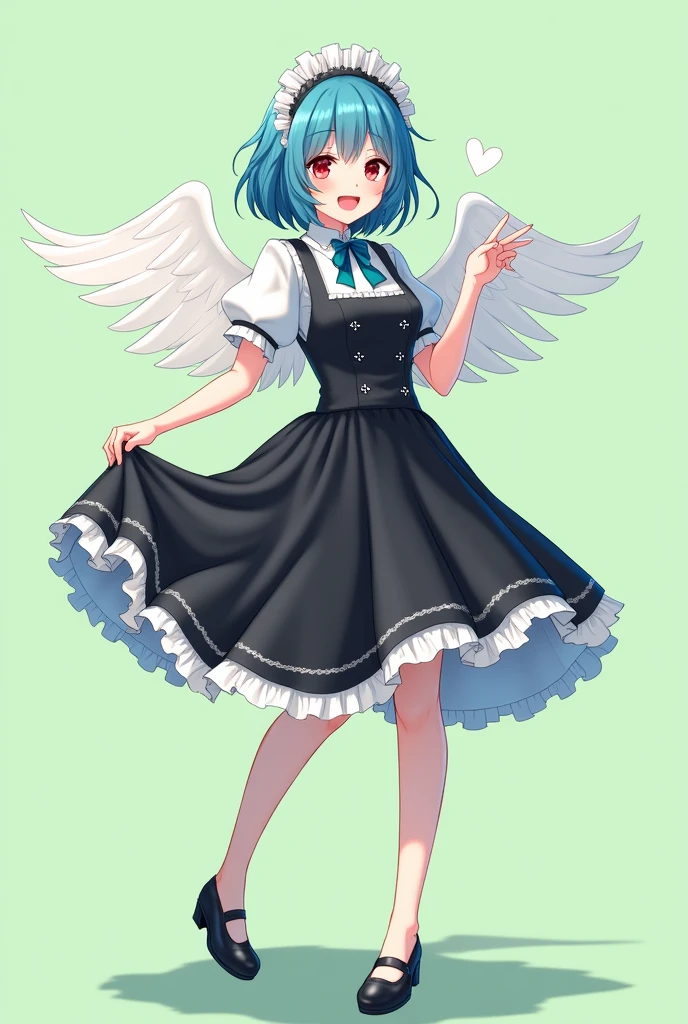 Maid cafe maid with short blue hair, Red eyes, a sensual and happy expression, age range between 18 and 26 years, with angel wings, black uniform, Full body anime style completely in 2D, with pastel colors, with a completely flat and green background