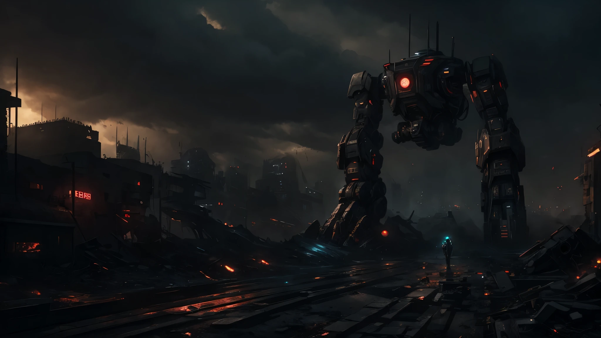 a massive robot uprising, oppression of humanity, reign of machines, ruined landscapes, total destruction, cinematic dramatic lighting, highly detailed, 8k, award winning digital art, epic science fiction, dystopian cyberpunk, moody somber colors, gritty realistic textures, striking powerful composition, mechanical structures, advanced technology, dystopian futuristic, artificial intelligence, dark ominous atmosphere, crumbling buildings, post-apocalyptic wasteland, brooding skies, dramatic shadows, sublime grandeur