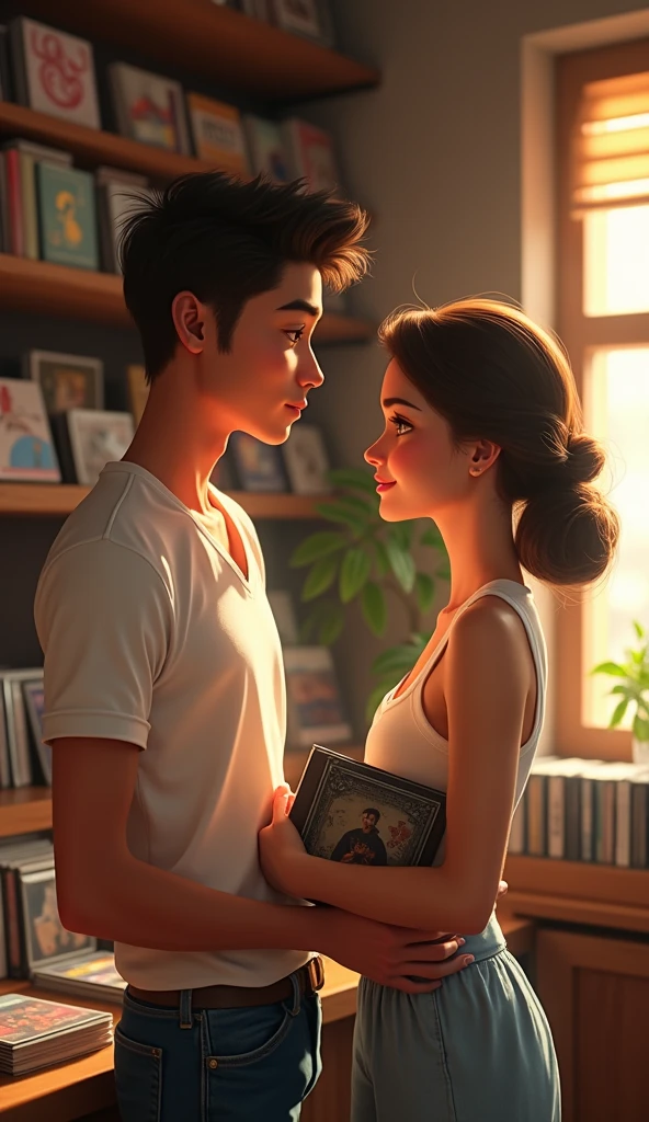 A handsome guy holding cd looking at a georgous girl working in cd shop, pixar style, cinematic, masterpiece, high-aesthetic, realistic 