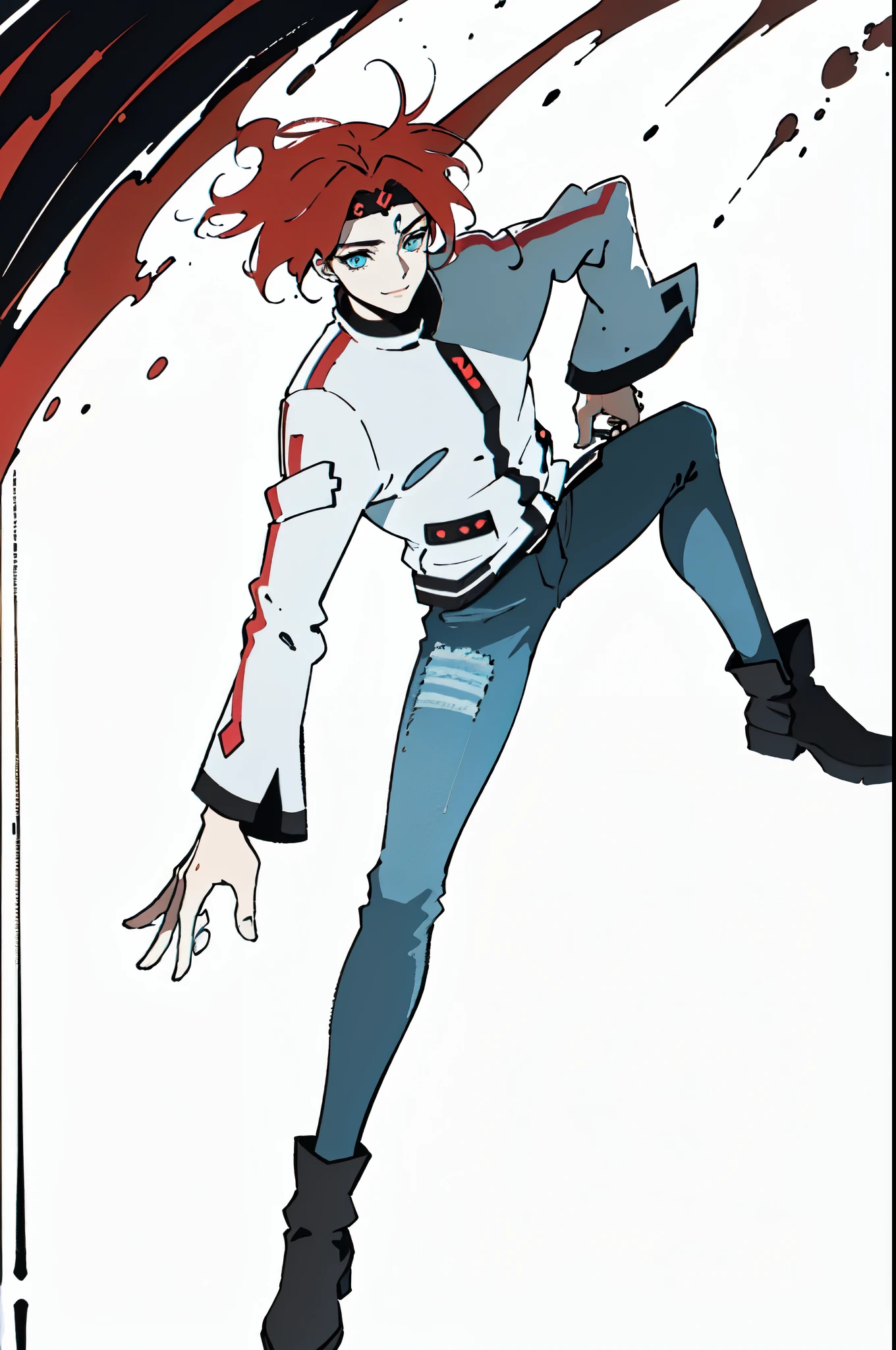 (masterpiece:1.2, best quality:1.2, extremely delicate:1.2), ((male:1.5)), a young man with messy red hair, a leather strap tied around his forehead, a handsome face, bright eyes, a rebellious smile, a slender build, a futuristic fantasy-style black and white leather jacket, dark jeans, hiking boots, he is making an exaggerated leap above the city, this character embodies a finely crafted futuristic fantasy-style rogue in anime style, exquisite and mature manga art style, dramatic, high definition, highres, ultra-detailed, ultra-fine painting, professional, perfect body proportions, golden ratio, anatomically correct, symmetrical face, extremely detailed eyes and face, high quality eyes, creativity, RAW photo, UHD, 32k, Natural light, cinematic lighting, (masterpiece-anatomy-perfect:1.2)