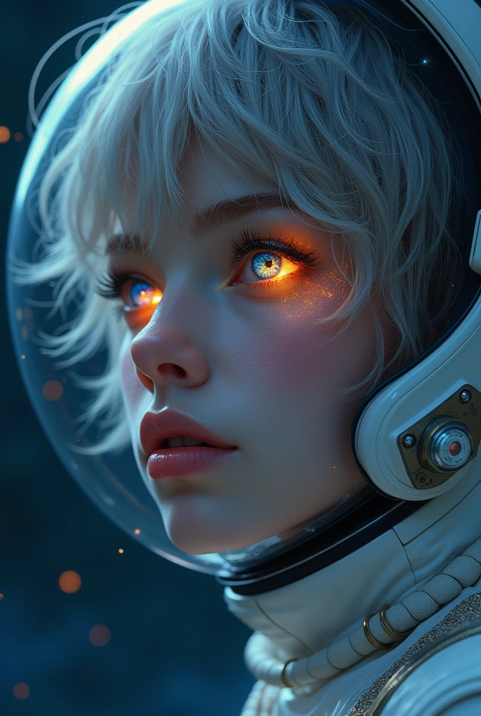 (Close-up of a better masterpiece:1.5)0.9], (Space and astronauts:1.2) (Messy silver hair:1.1) (Heterochromia xanthochromia and blue eyes:1.2) (Space Helmet:1.0) (Colored stars in the eyes:1.0) (A radiant glow:1.1) (thick lips:0.9)