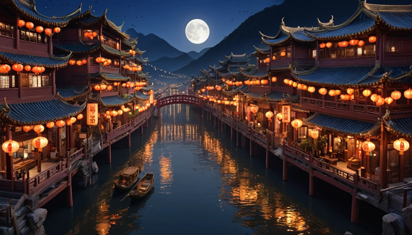 masterpiece, top-quality, depth of fields, high details, 8K, anime a night scene of china town, lots of shop outlets, chinese lanterns, detailed background, high angle view, beside a river, wooden boats, a large bridge on the front, yellow moon, mountains background
