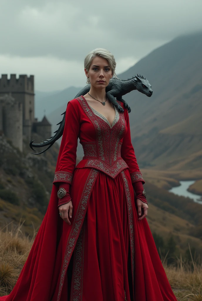 46 year old Caucasian woman, short silver blonde short hair.targaryen style game of thrones. Mediovale. wearing red dress, with a small silver-gray baby dragon perched on his shoulders