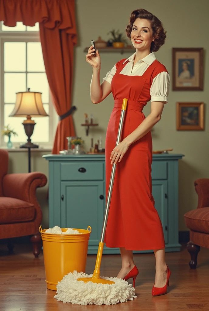 Advertisement from the 1920s to 1950s about a housewife using a viral beterwere mop mopping with her beterwere bucket 