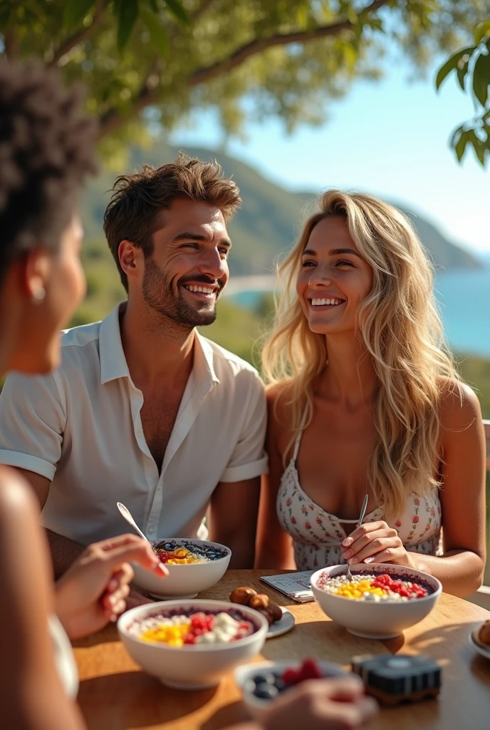 Realistic Man and Girlfriend 25-35 years old, in Portugal blonde hair brown eyes eating acai in a bowl  , with friends Ultra HD, high qualiy, best qualityer, high resolution, 8k, 16K
