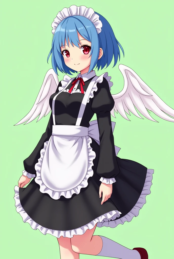 Maid cafe maid with short blue hair, Red eyes, a sensual and happy expression, age range between 18 and 26 years, with angel wings, black uniform, Full body anime style completely in 2D, with pastel colors, with a completely flat and green background