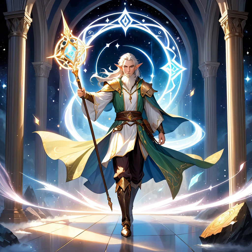 Masterpiece, Extremely detailed, best quality, photorealistic, magnificent, celestial, ethereal, epic, majestic, magical, fantasy art, cover art, dreamy, full body shot, BREAK, ethereal fantasy concept art of a brave male elf dnd wizard., staff in right hand, surrounded by runes of light, dynamic pose