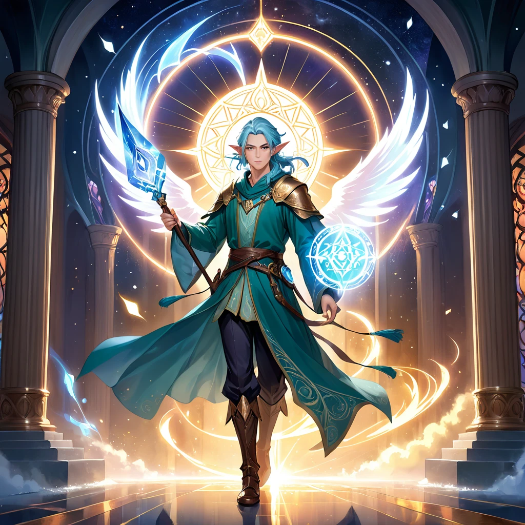 Masterpiece, Extremely detailed, best quality, photorealistic, magnificent, celestial, ethereal, epic, majestic, magical, fantasy art, cover art, dreamy, full body shot, BREAK, ethereal fantasy concept art of a brave male elf dnd wizard., staff in right hand, surrounded by runes of light, dynamic pose